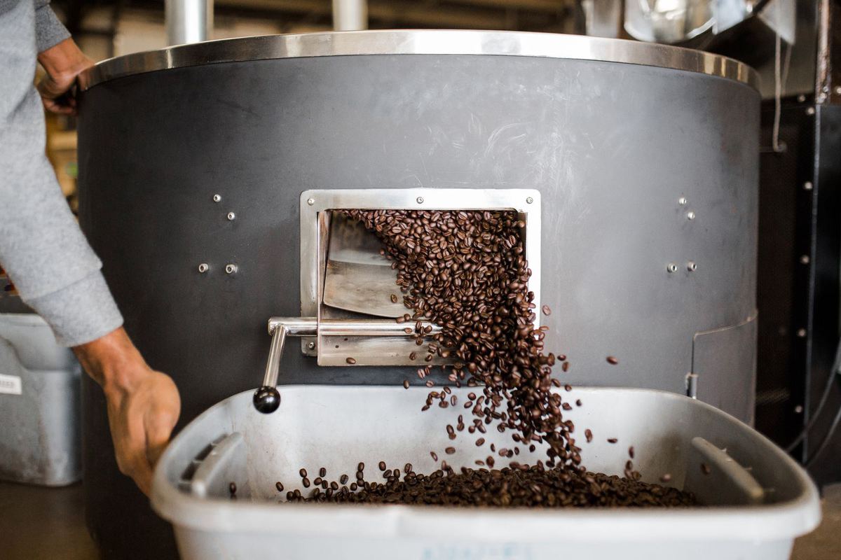 Roasted beans pouring out of the drum into the cooling bin