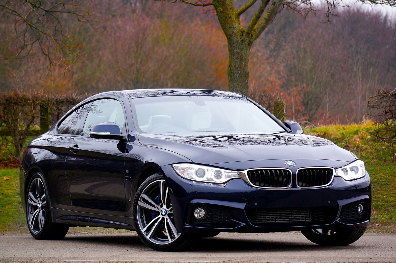 Dark blue BMW 4 Series coupe parked on an open road